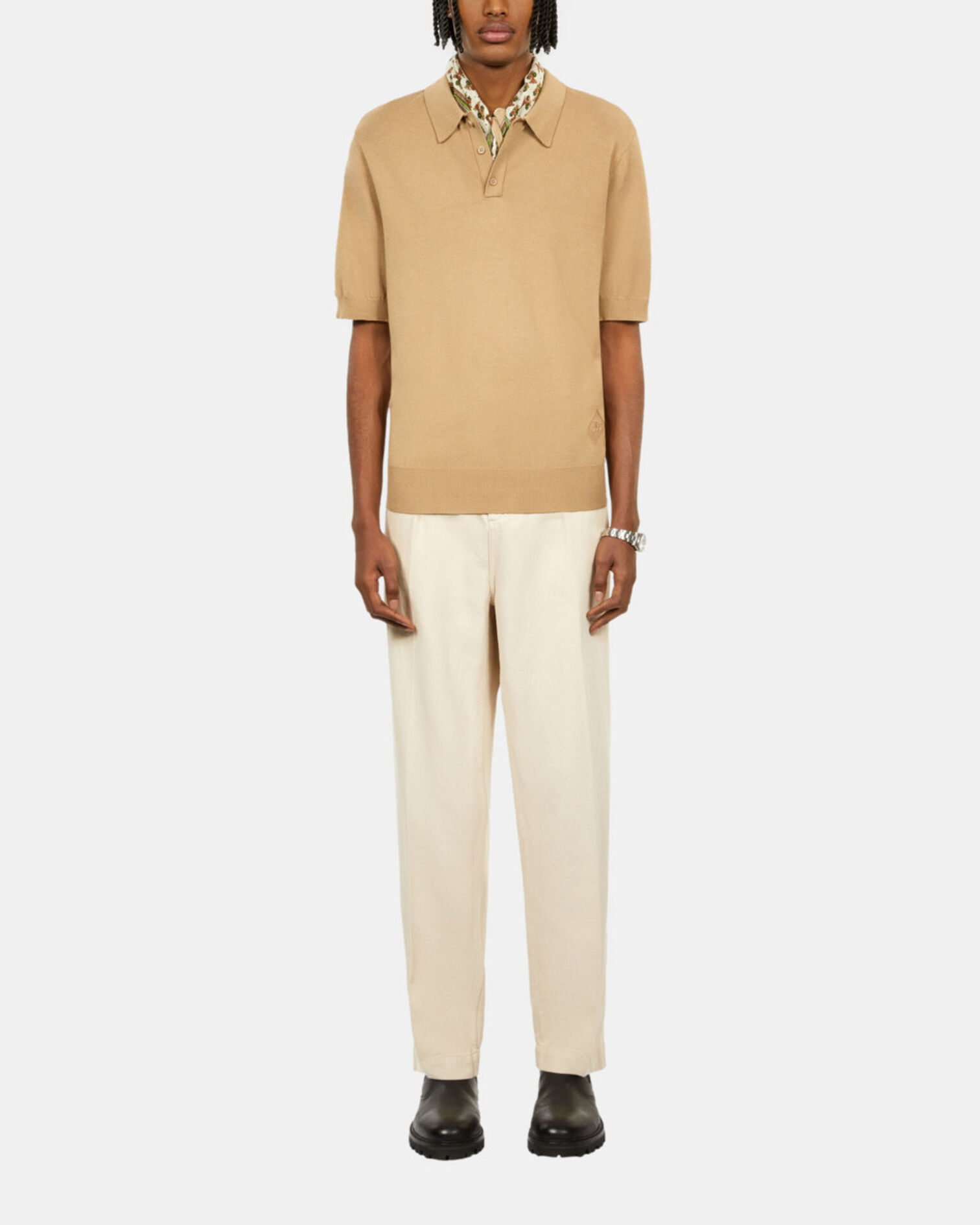 Brown knitted polo t-shirt, BEIGE, hi-res image number null