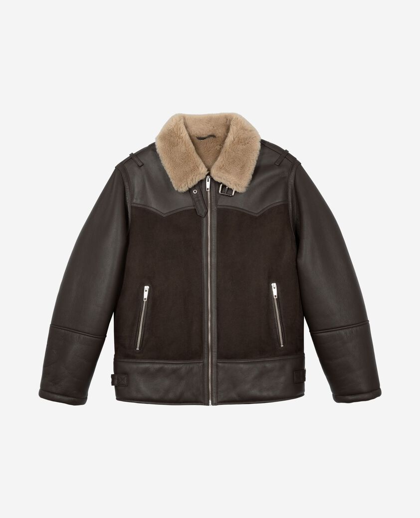 The Kooples FEMME BROWN peau lain&eacute;e courte col sherpa marron