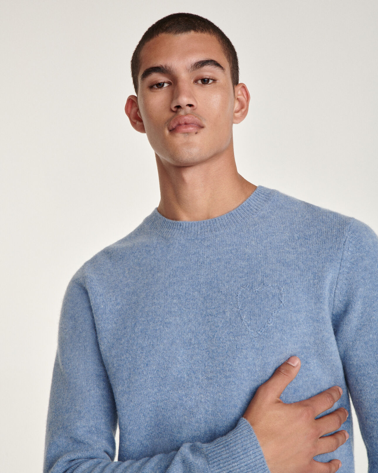 The Kooples MEN LIGHT BLUE sky blue wool sweater with embroidered heart