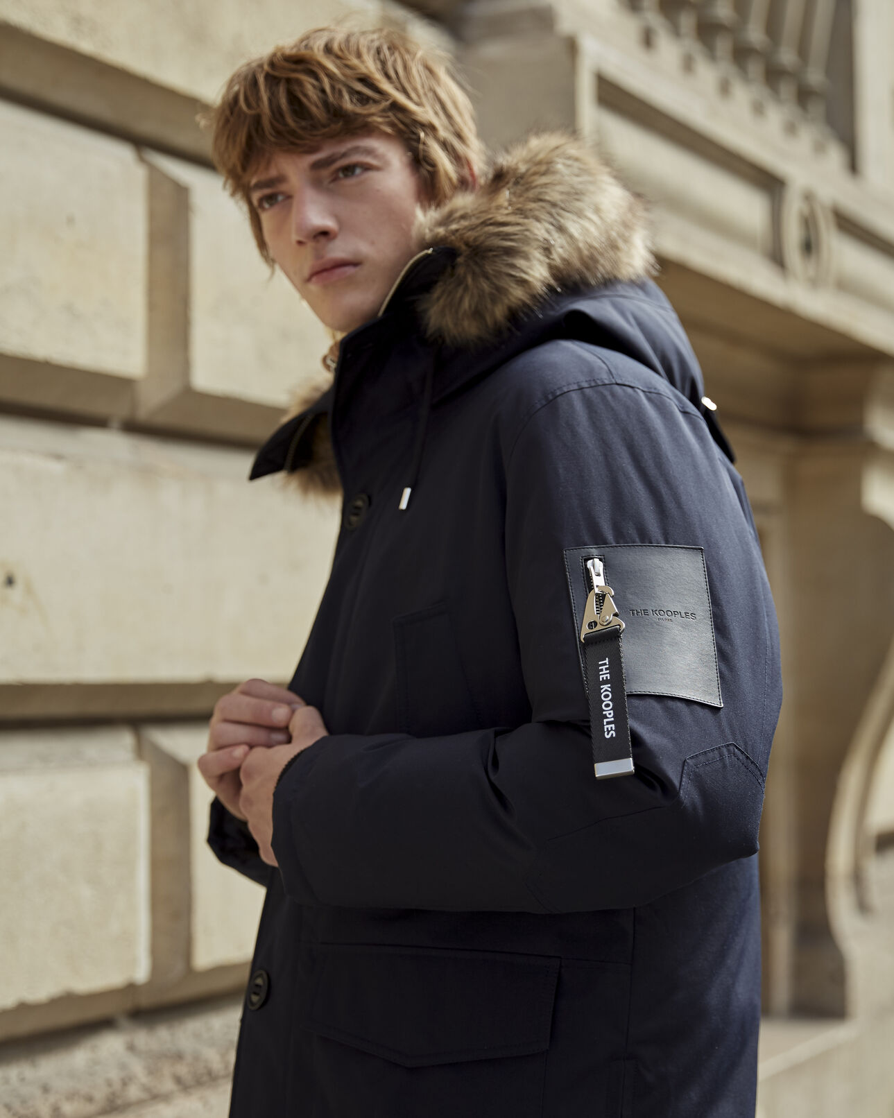 The Kooples MEN NAVY blue parka with faux fur hood