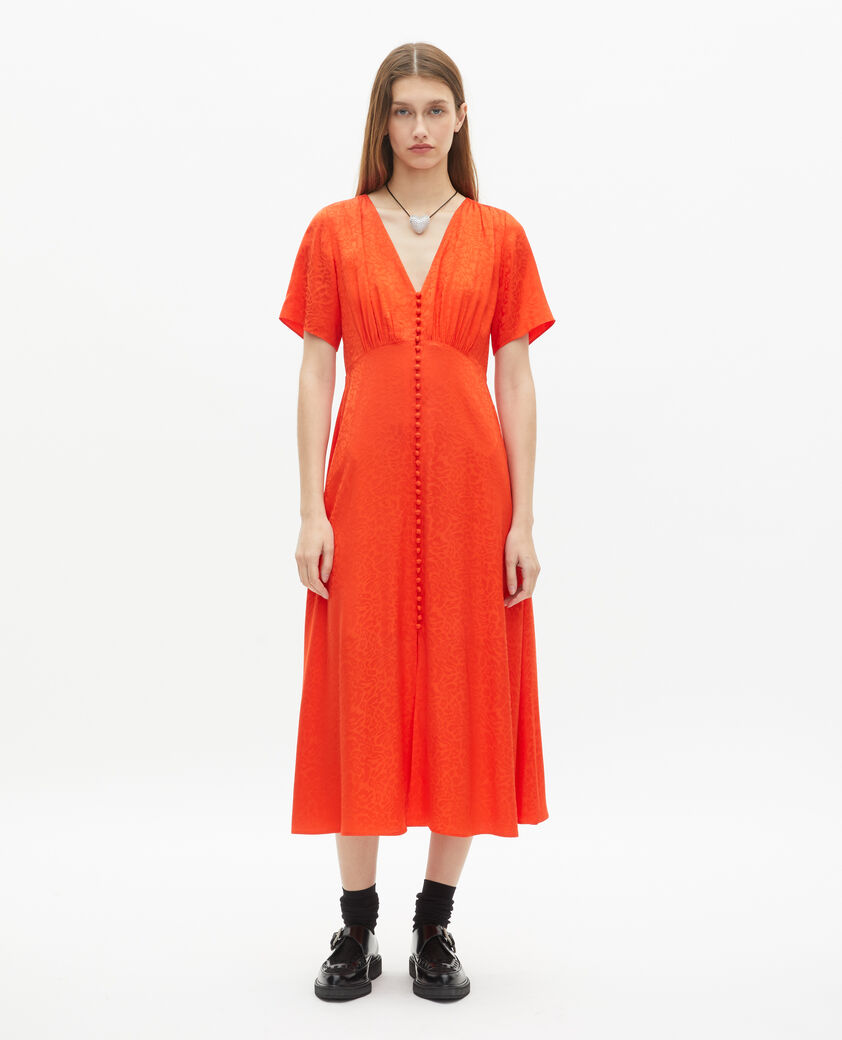 The Kooples FEMME ORANGE RED robe longue en jacquard motif l&eacute;opard orange