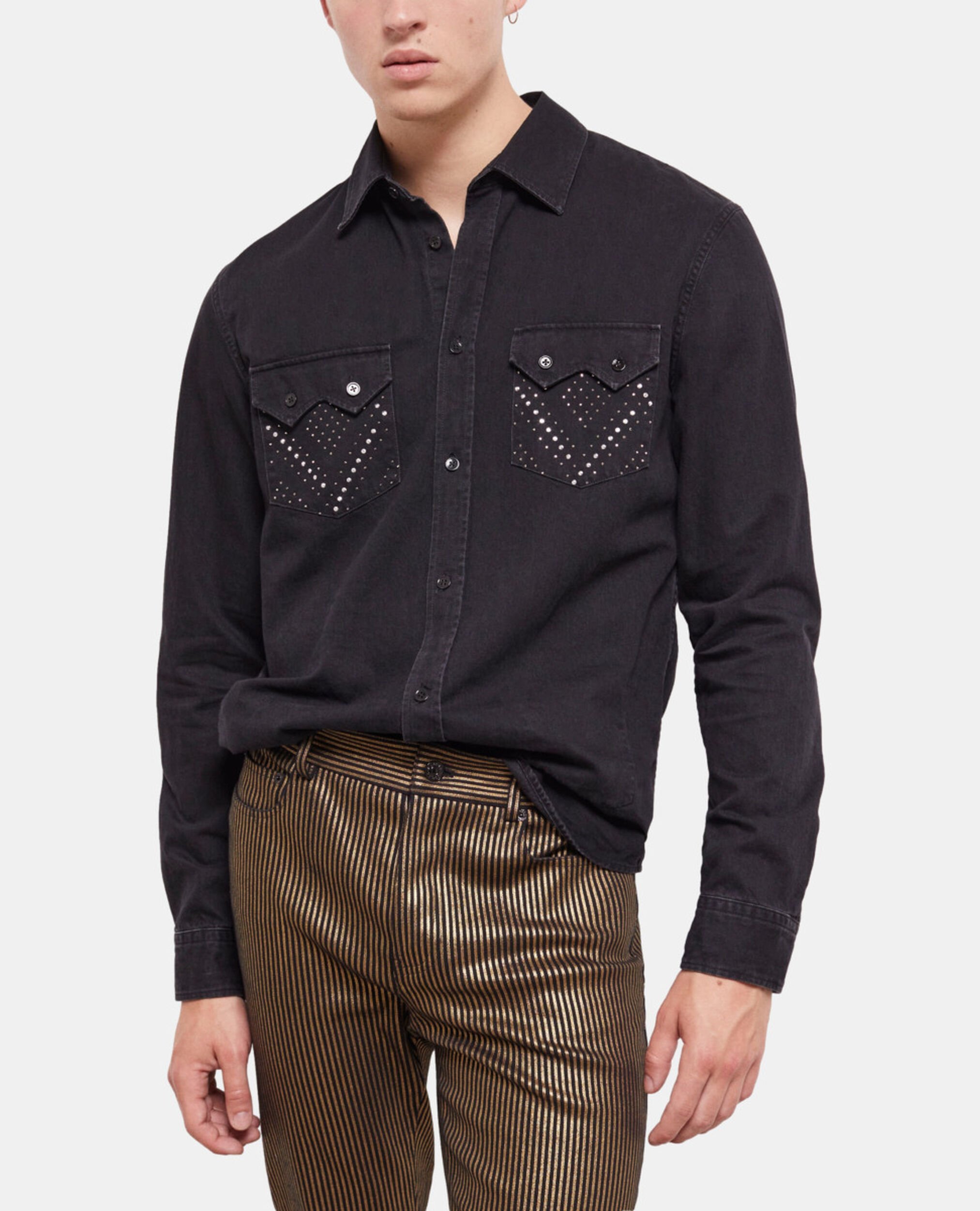 Black studded shirt with classic collar, BLACK WASHED, hi-res image number null