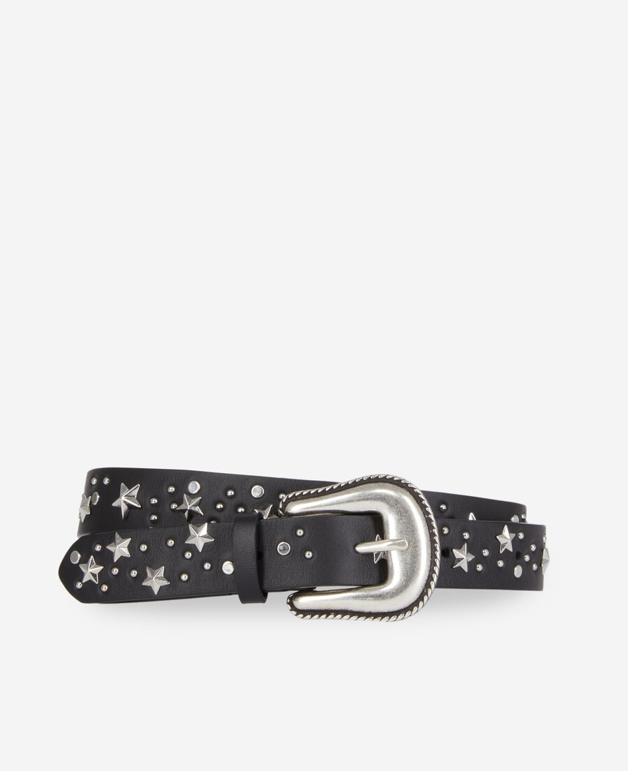 더 쿠플스 The Kooples Ceinture en cuir noir avec etoiles,BLACK