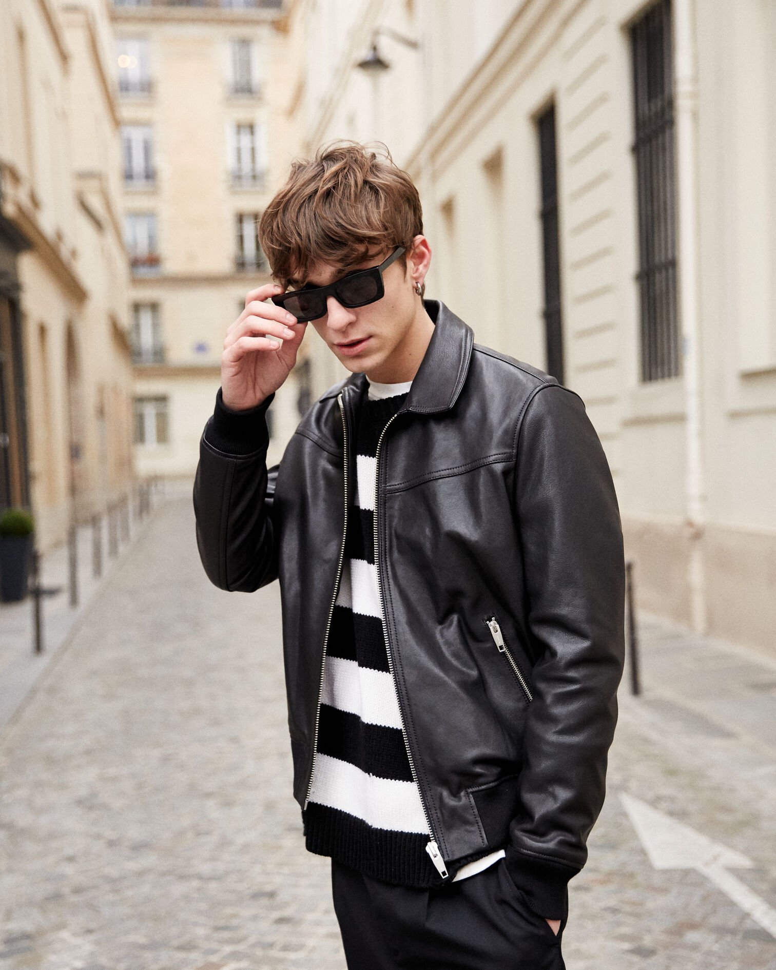 Black leather jacket with classic collar, BLACK, hi-res image number null