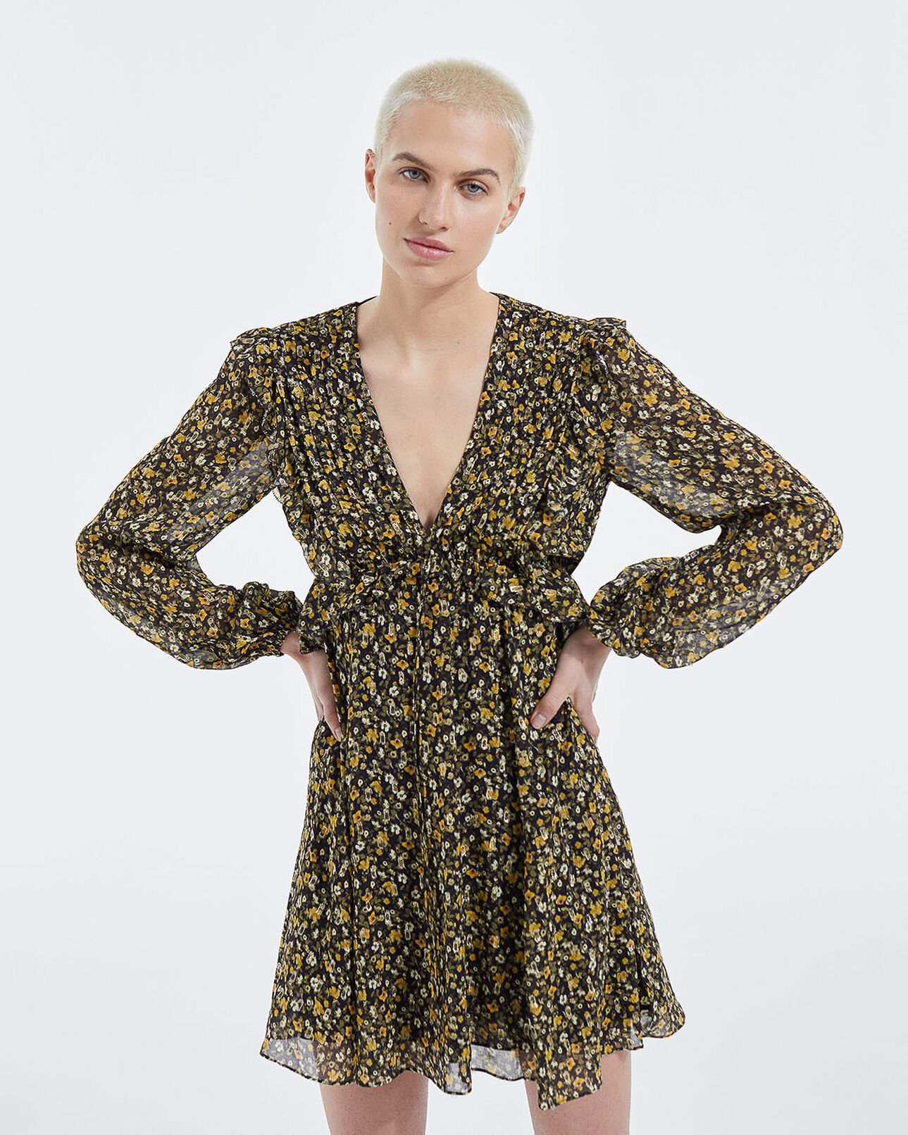 The Kooples FEMME BLACK-ORANGE robe courte volants noire et jaune argentés