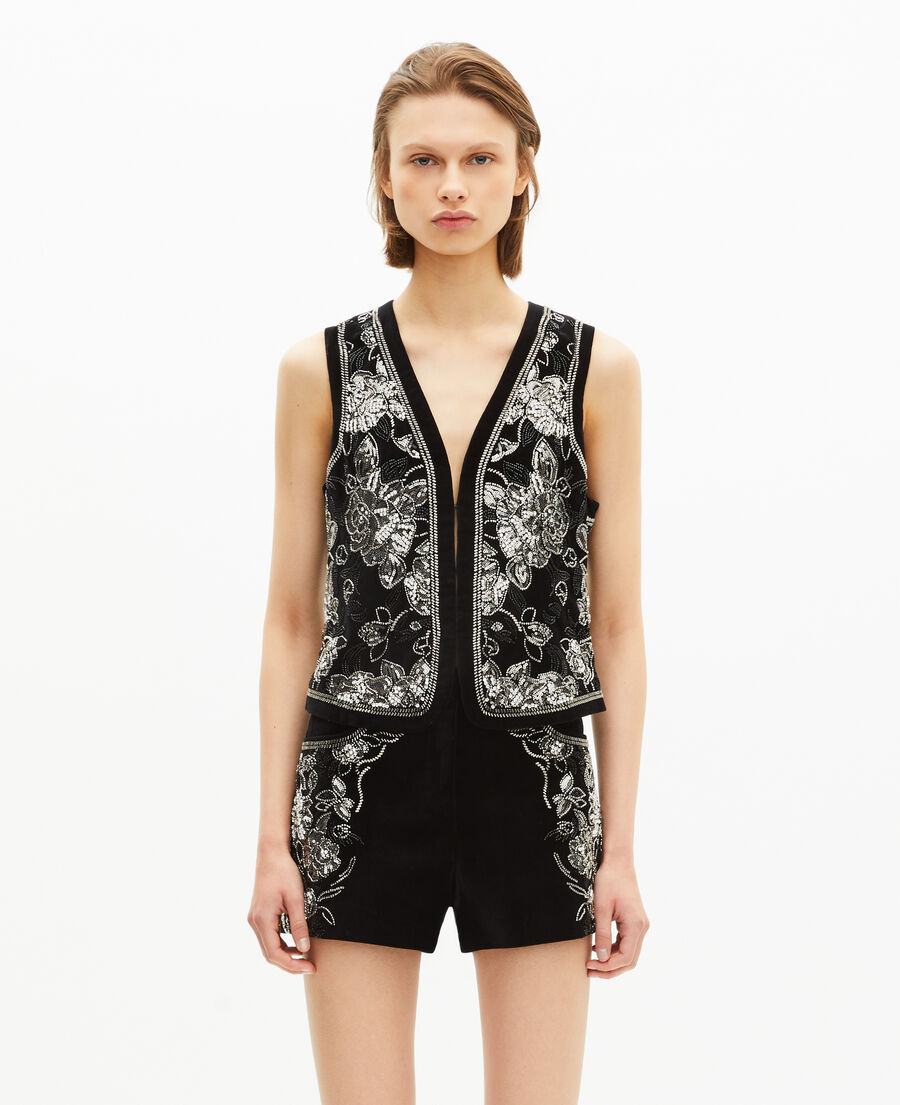 The Kooples F BLACK-ANTIC SILVER black embroidered velvet vest