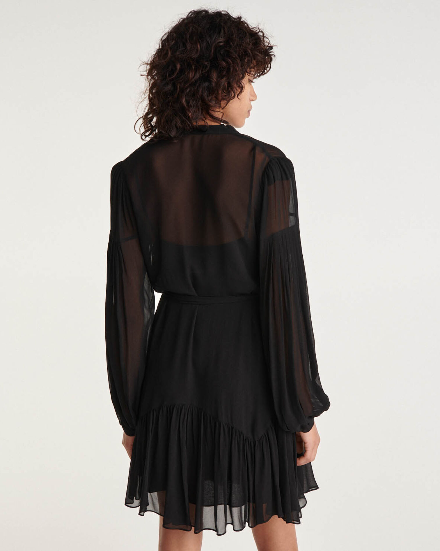 Kurzes schwarzes Kleid V-Ausschnitt Gürtel, BLACK, hi-res image number null