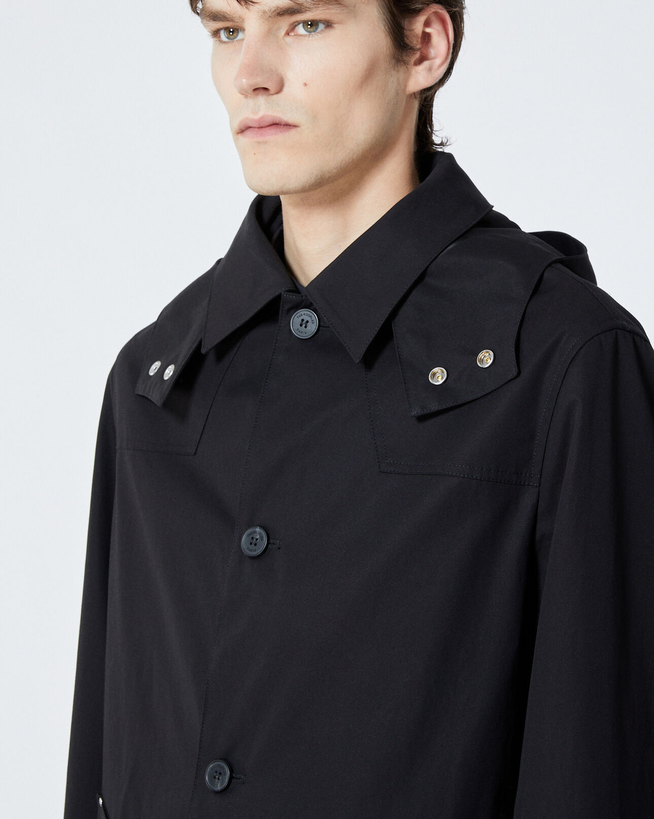 The Kooples HERREN BLACK schwarzer langer mantel mit kapuze