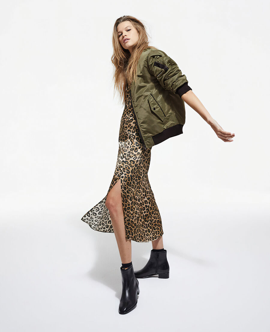 khaki bomber jacket with leopard lining