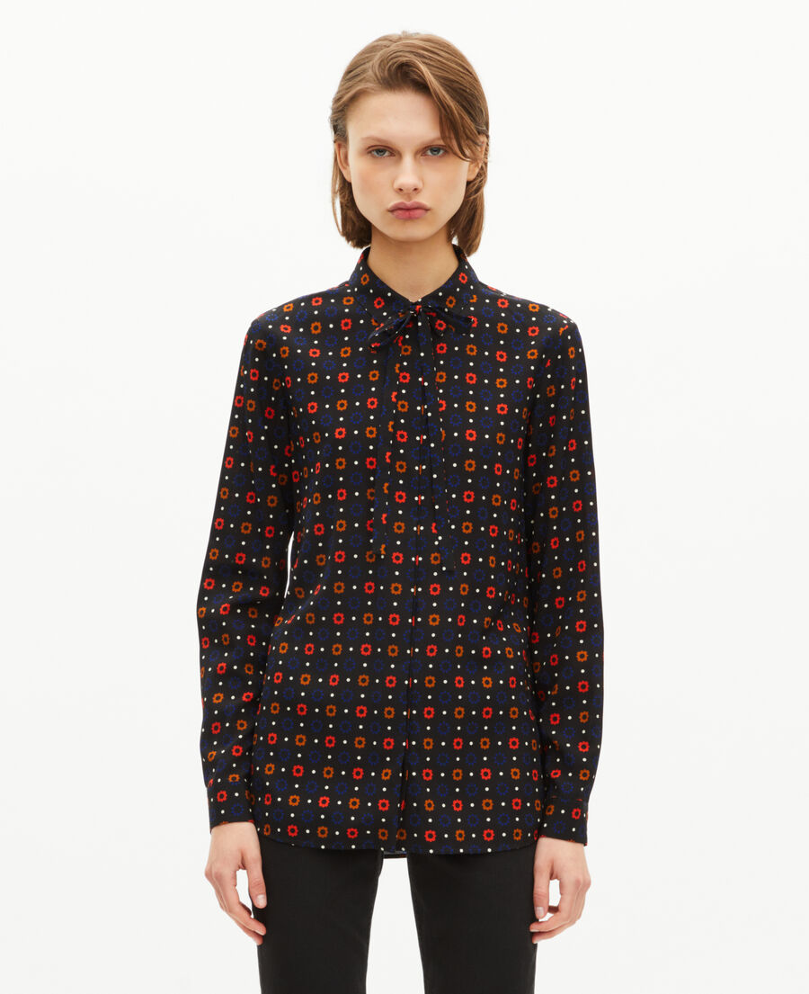 The Kooples WOMEN BLACK MELANGE black silk blend polka dot and floral print shirt