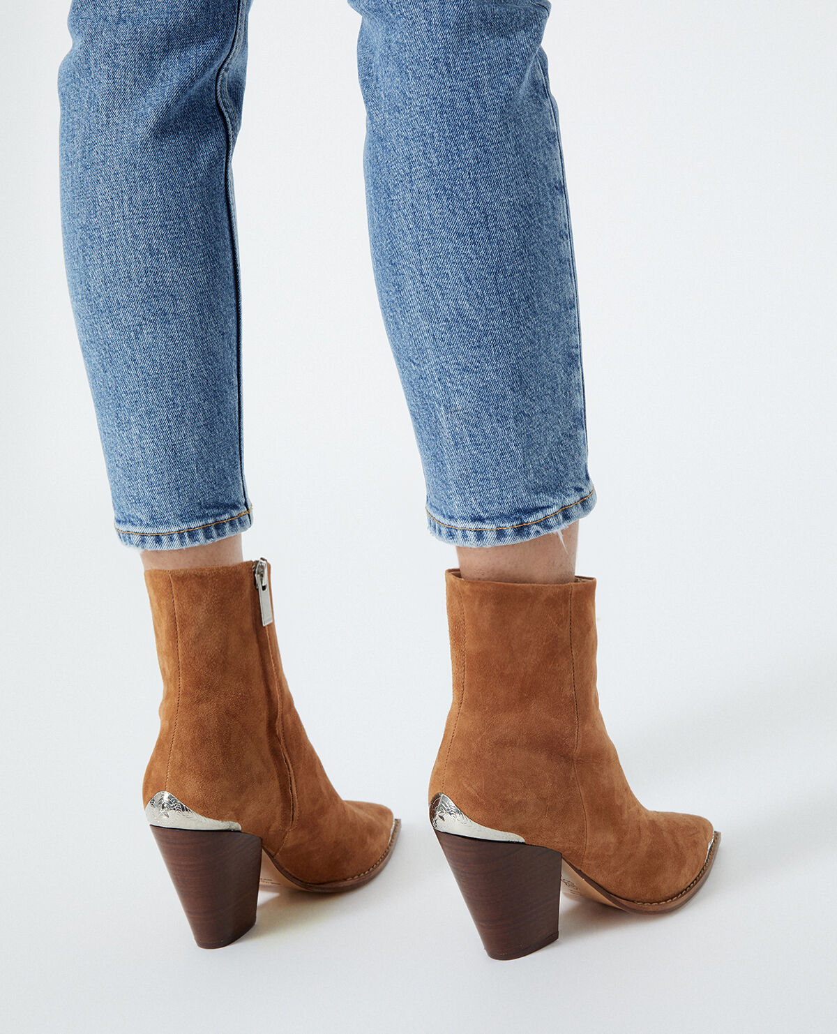 Camel heeled ankle boots with silver detail