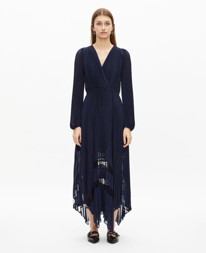 The Kooples FEMME NAVY robe longue plissée avec dentelle bleu marine