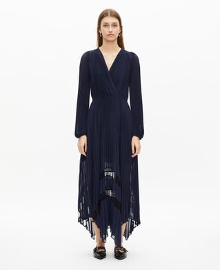 The Kooples FEMME NAVY robe longue plissée avec dentelle bleu marine
