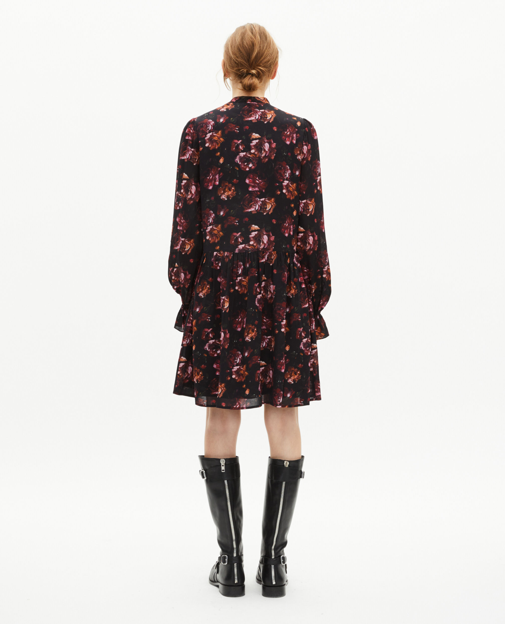 Rose print short dress in burgundy silk blend, BLACK - RED, hi-res image number null