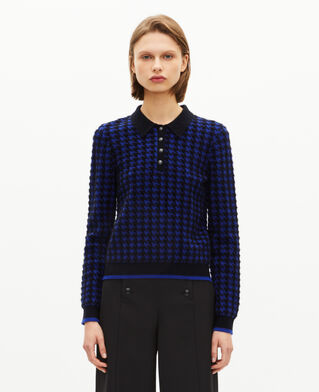 The Kooples FEMME BLACK NAVY pull col polo en pied de poule en laine m&eacute;lang&eacute;e bleu