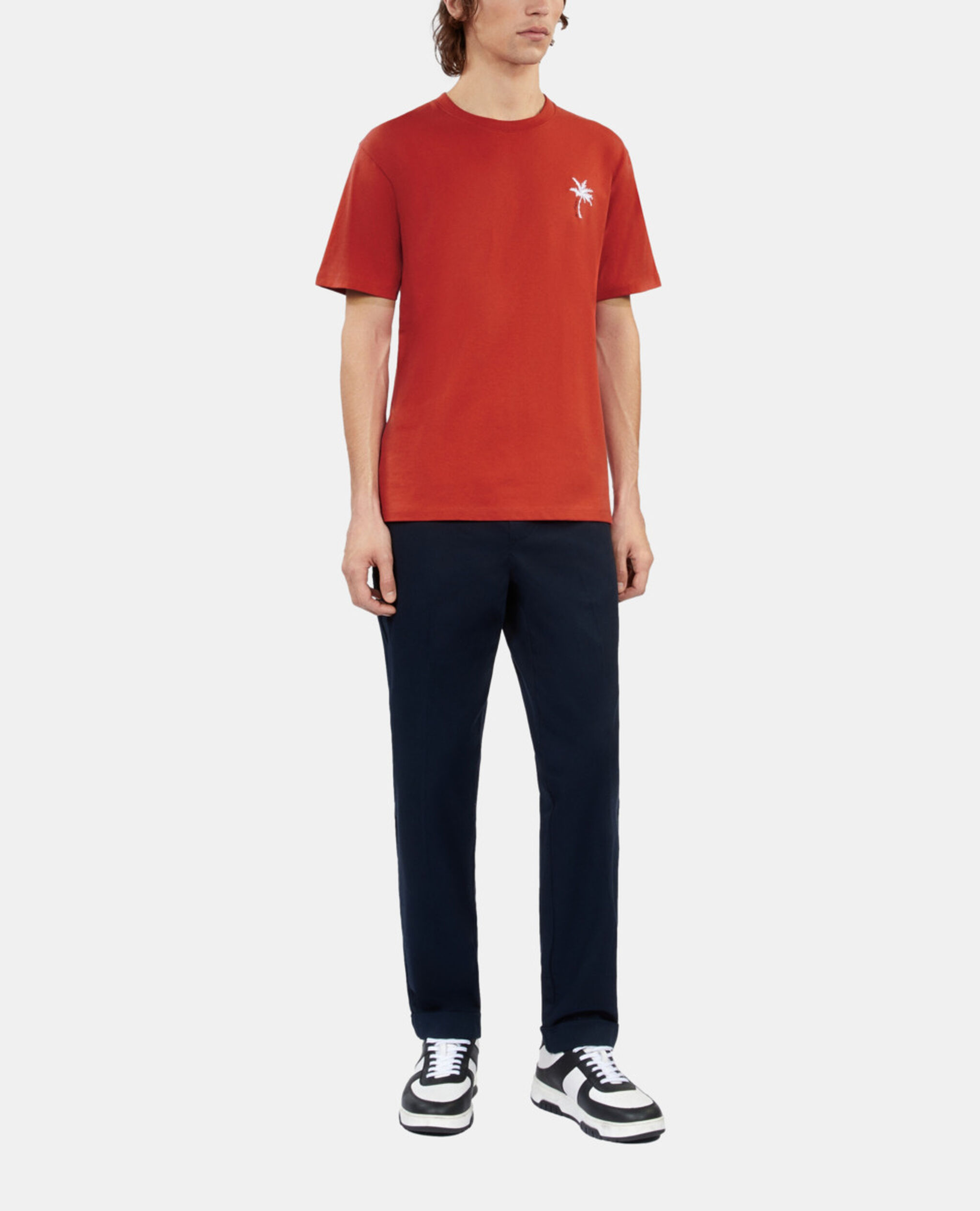 Red t-shirt with Palm tree embroidery, RED BRIQUE, hi-res image number null