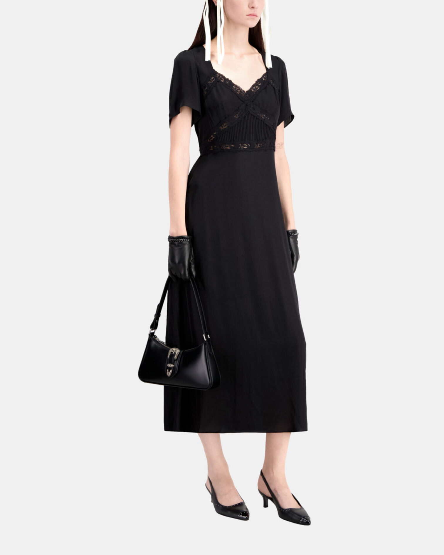 Robe longue noire avec détails en dentelle, BLACK, hi-res image number null