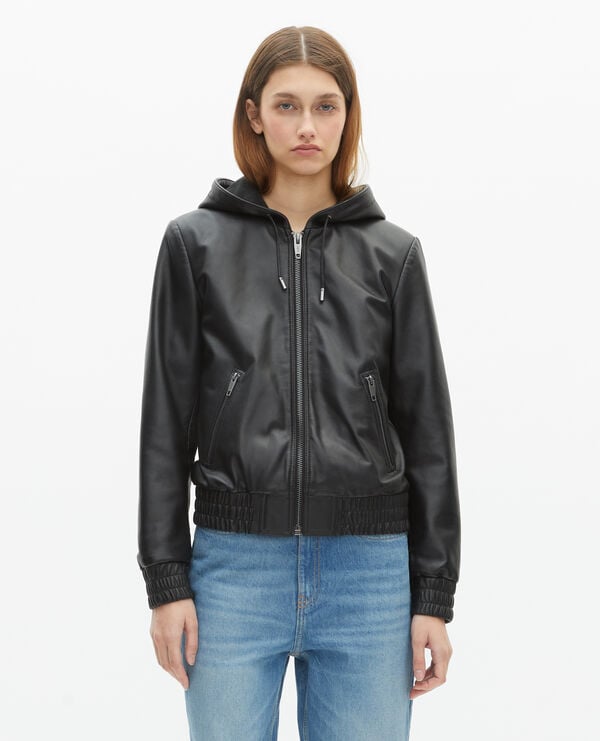 Blouson à capuche en cuir noir