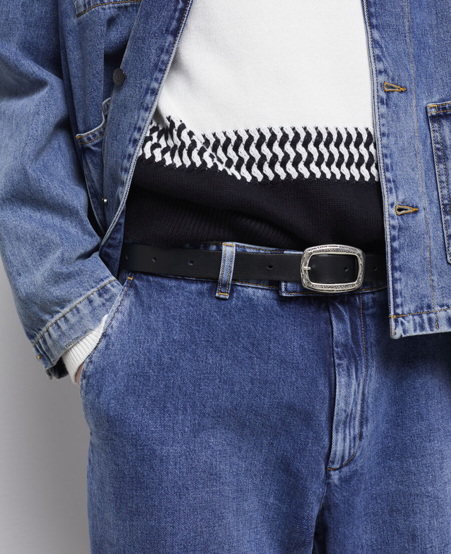 thin black leather belt with rectangular buckle