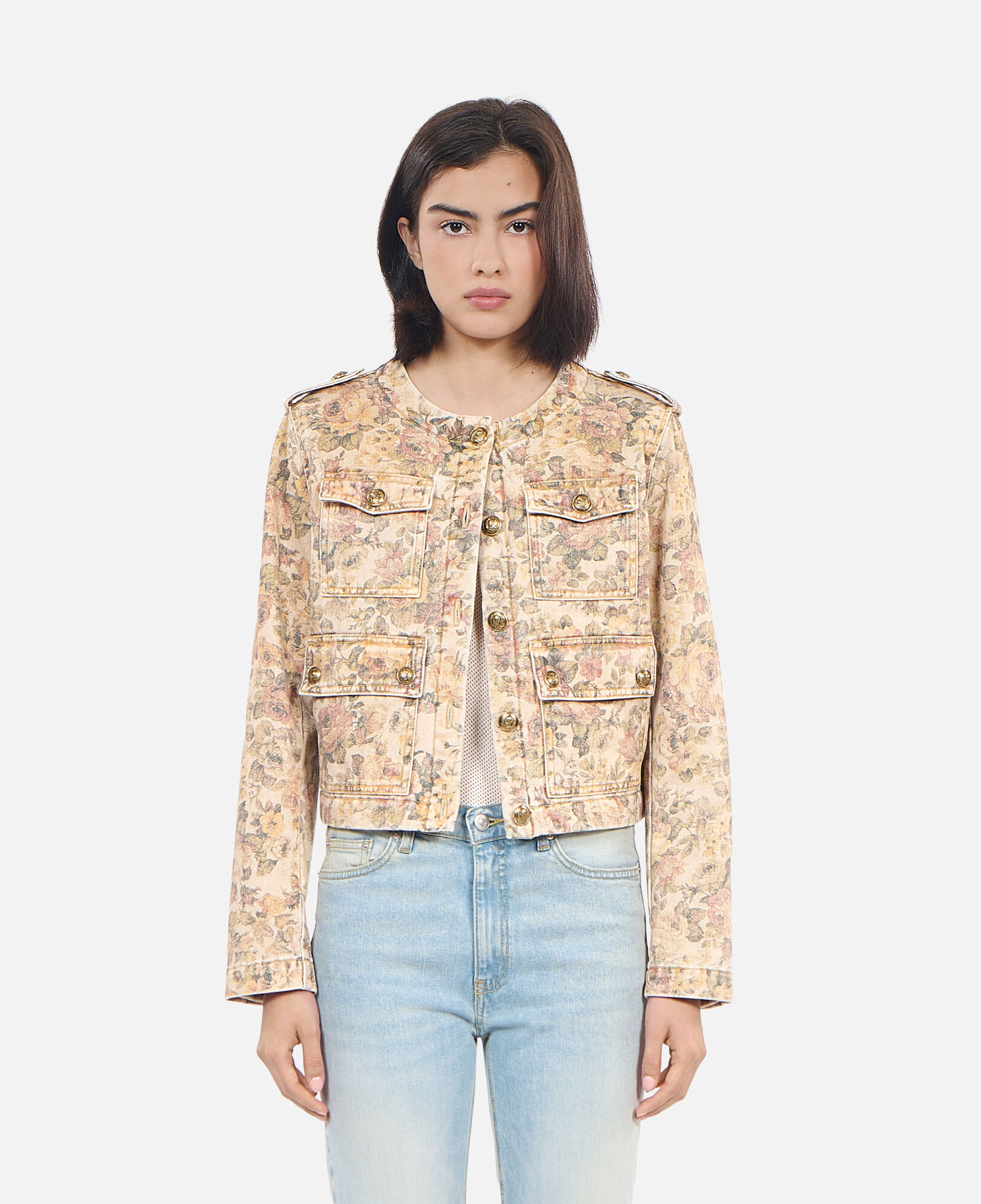 The Kooples FEMME BEIGE LINEN veste imprimé fleuri