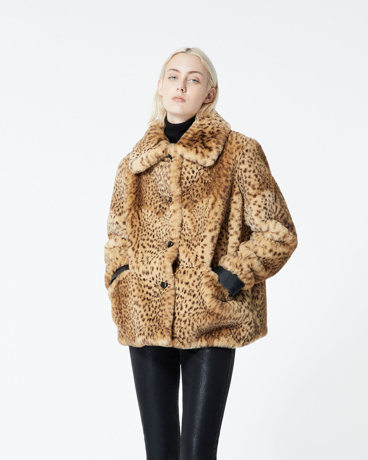The Kooples WOMEN BROWN faux fur coat with leopard print