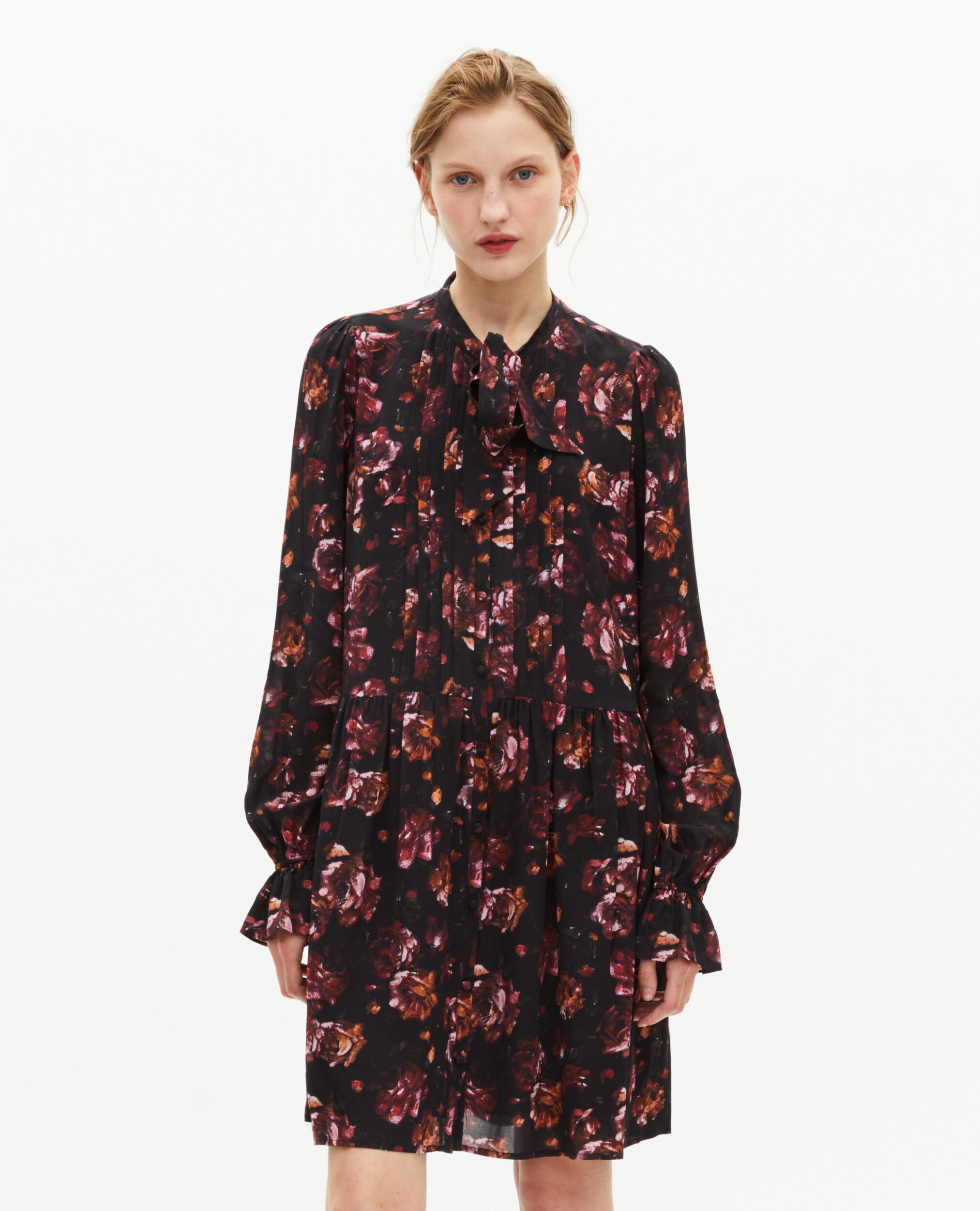 Kurzes Kleid mit Rosenmuster aus bordeauxroter Seidenmischung, BLACK - RED, hi-res image number null