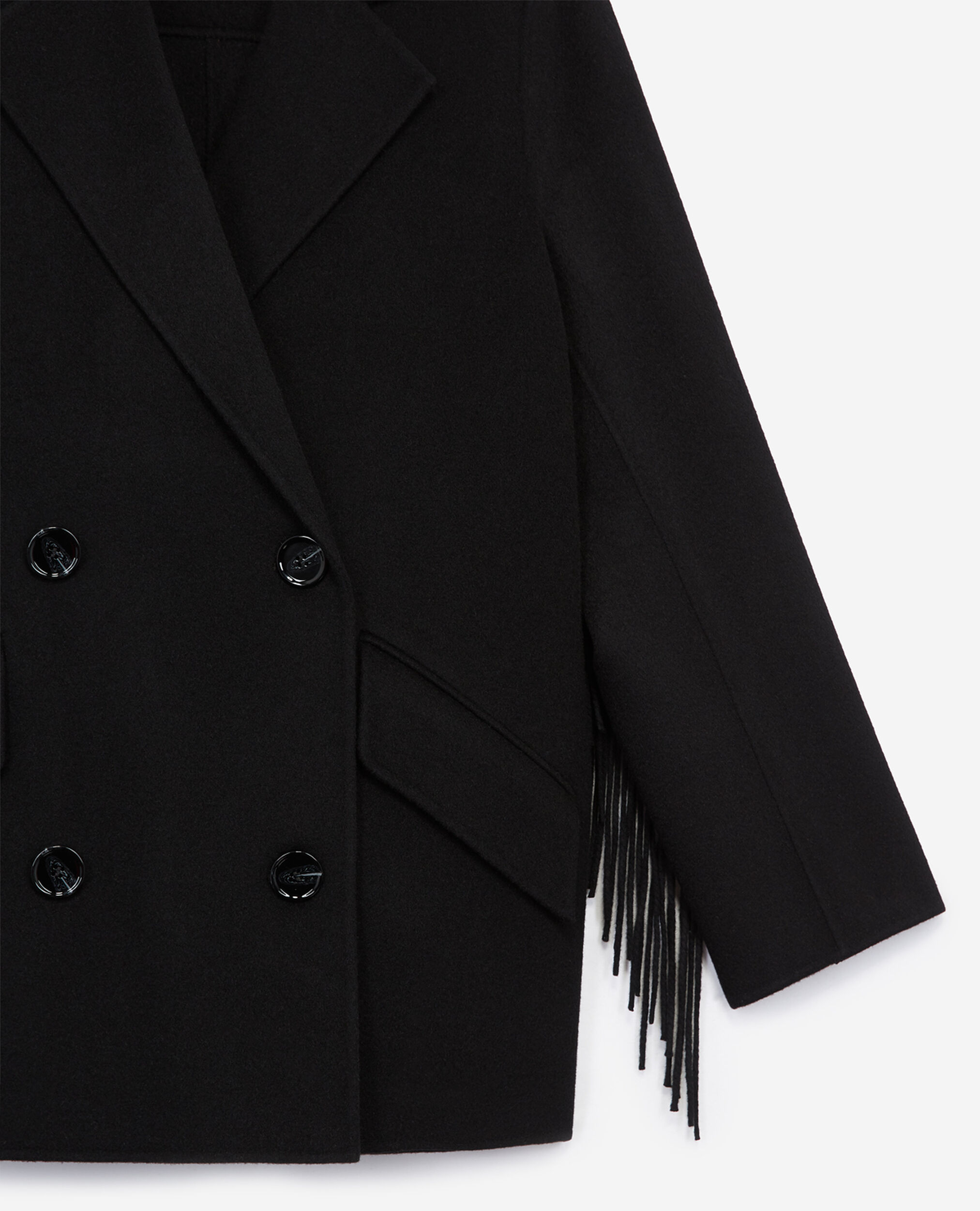Manteau laine noir court à franges, BLACK, hi-res image number null