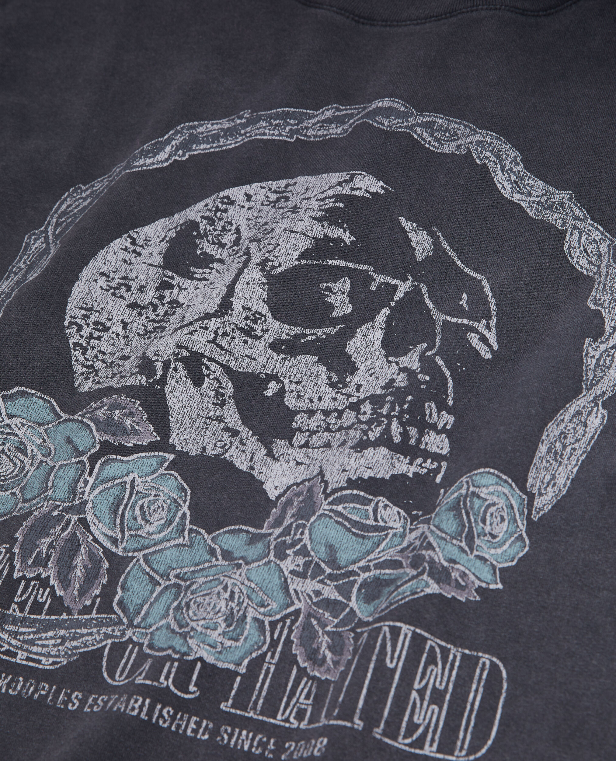 Schwarzes T-Shirt Damen mit Vintage-Skull-Siebdruck, BLACK WASHED, hi-res image number null