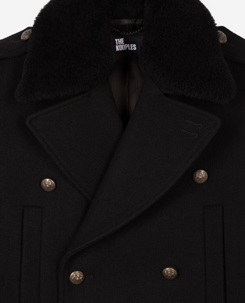 The Kooples MEN BLACK long black wool coat with sherpa collar