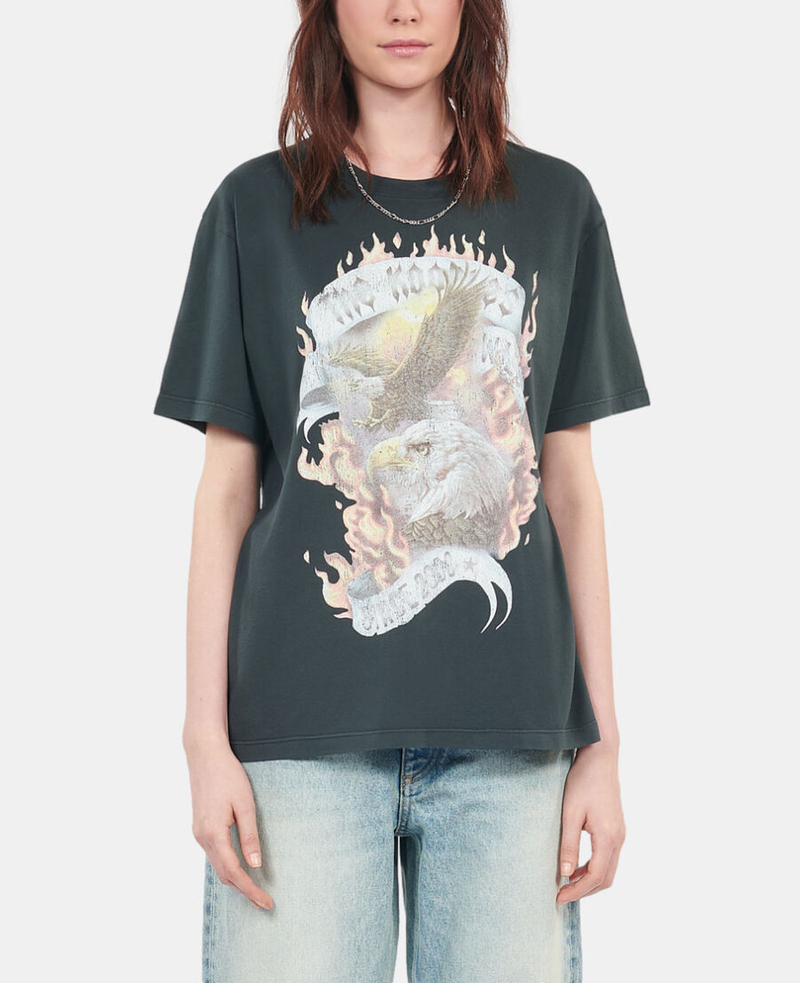 The Kooples F BLACK WASHED black eagles on fire serigraphy t-shirt