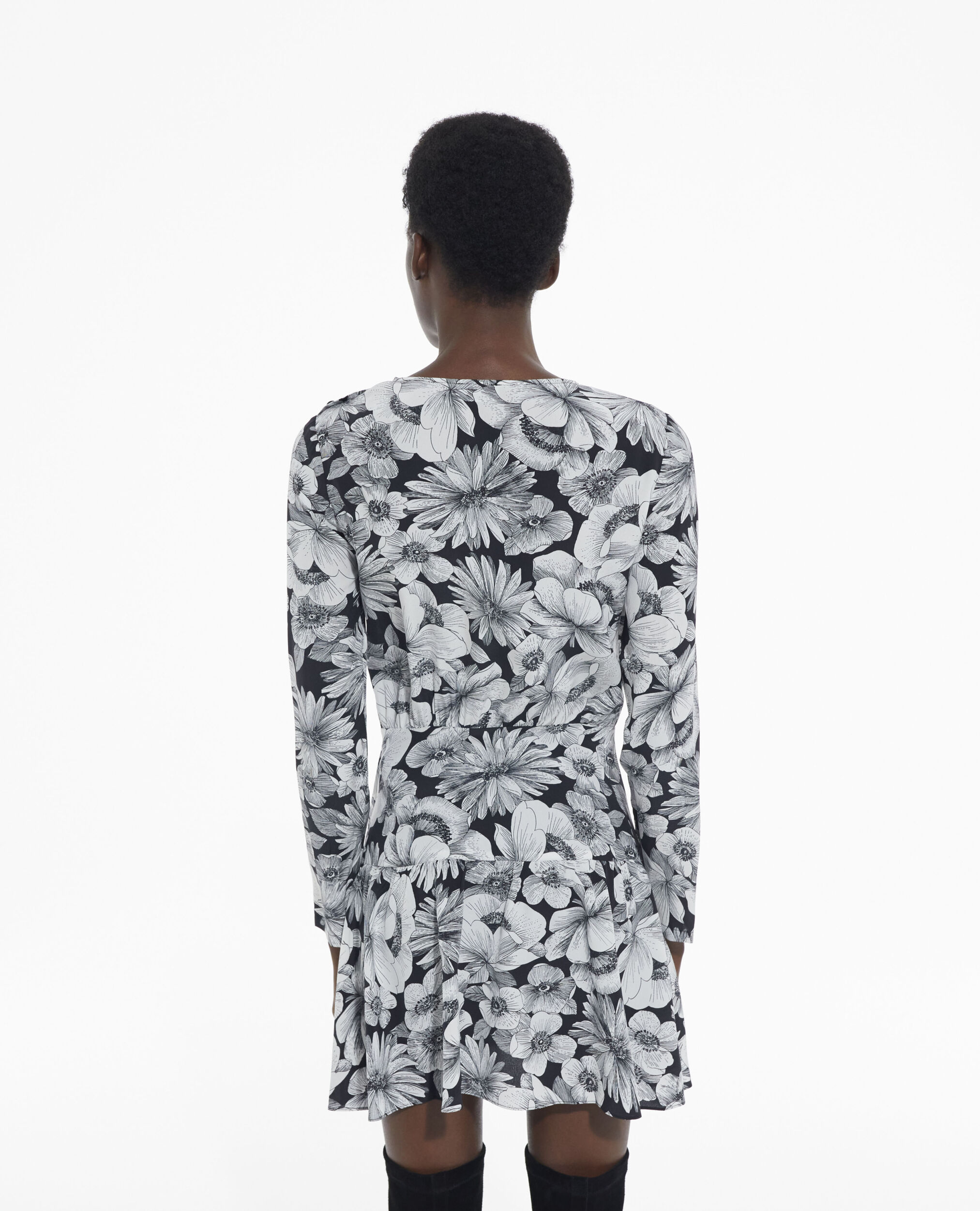 Short floral silk dress, BLACK WHITE, hi-res image number null