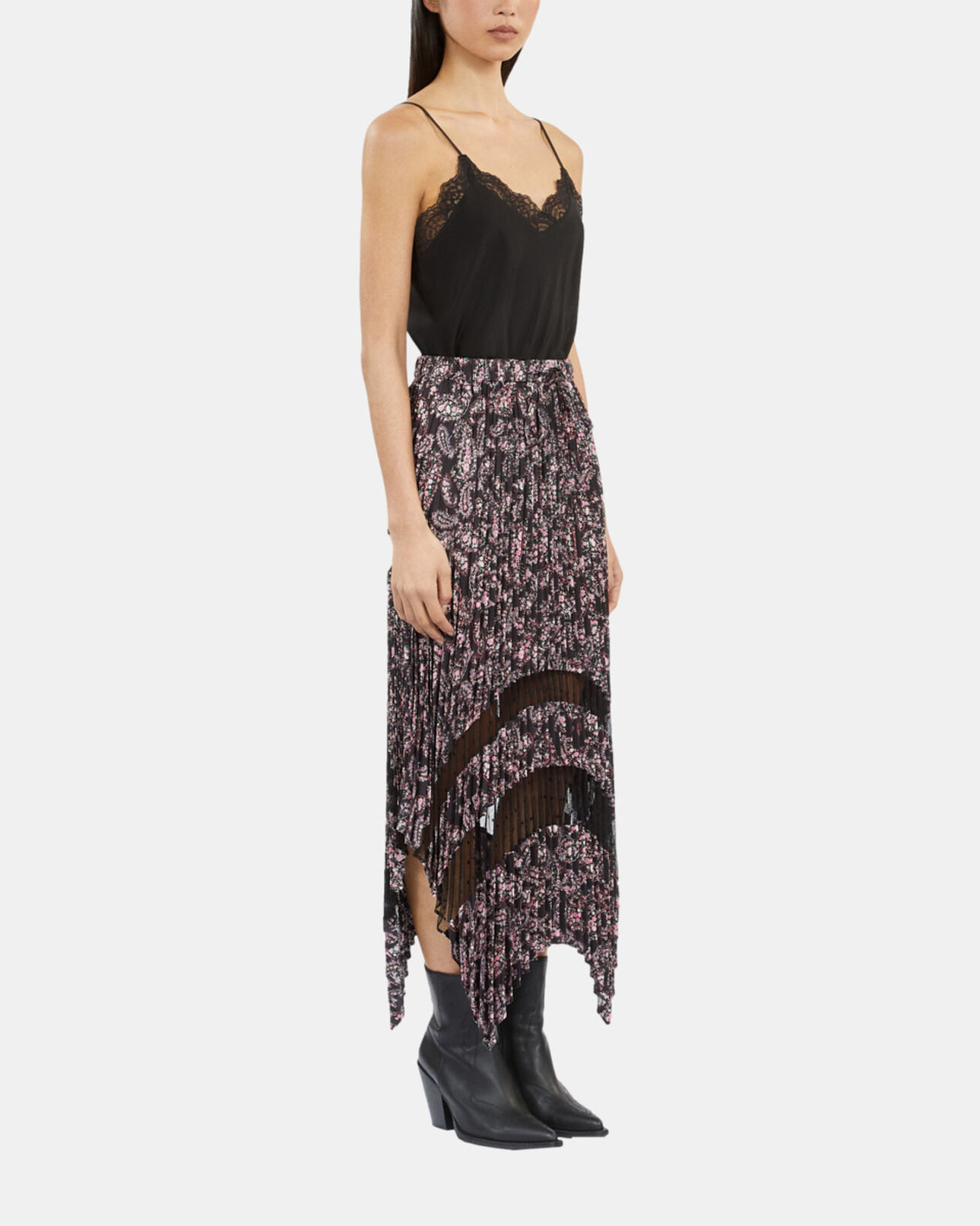 The Kooples WOMEN BLACK / PINK black and pink paisley print pleated long skirt with mesh inserts