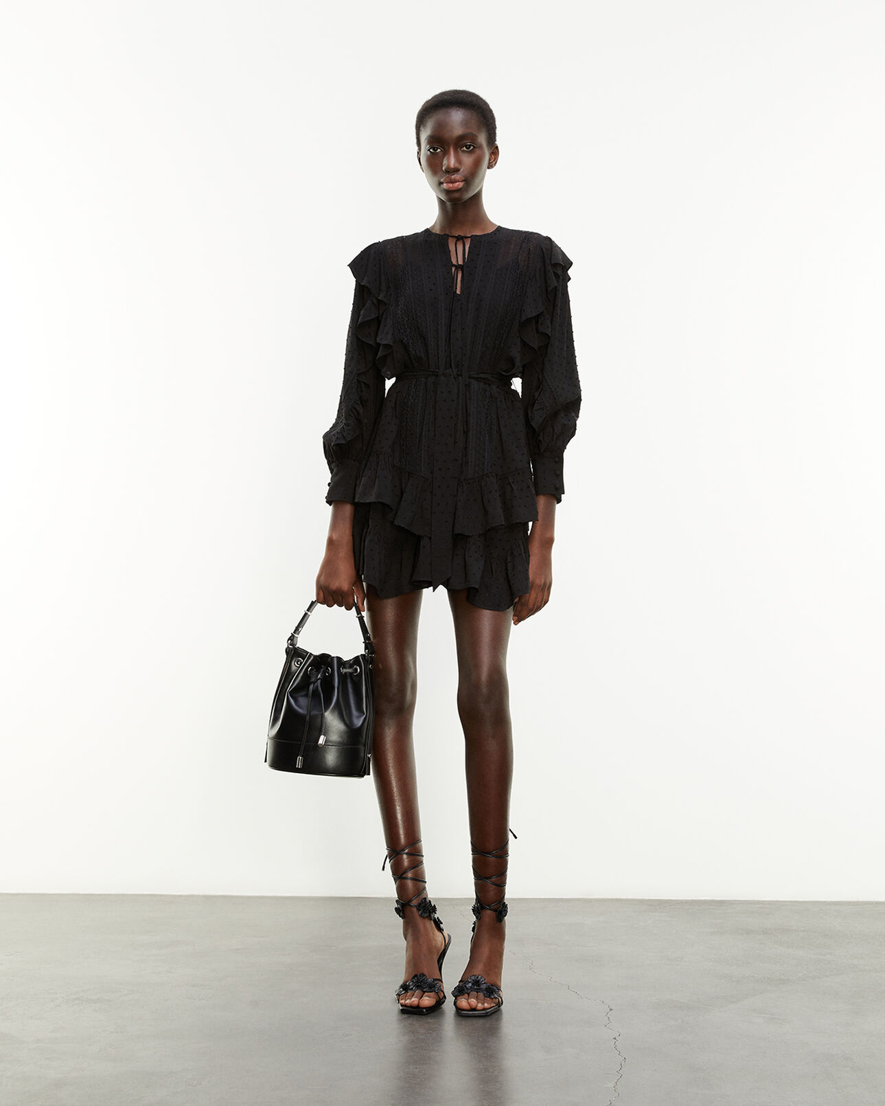 The Kooples WOMEN BLACK long-sleeved black dress with flounce