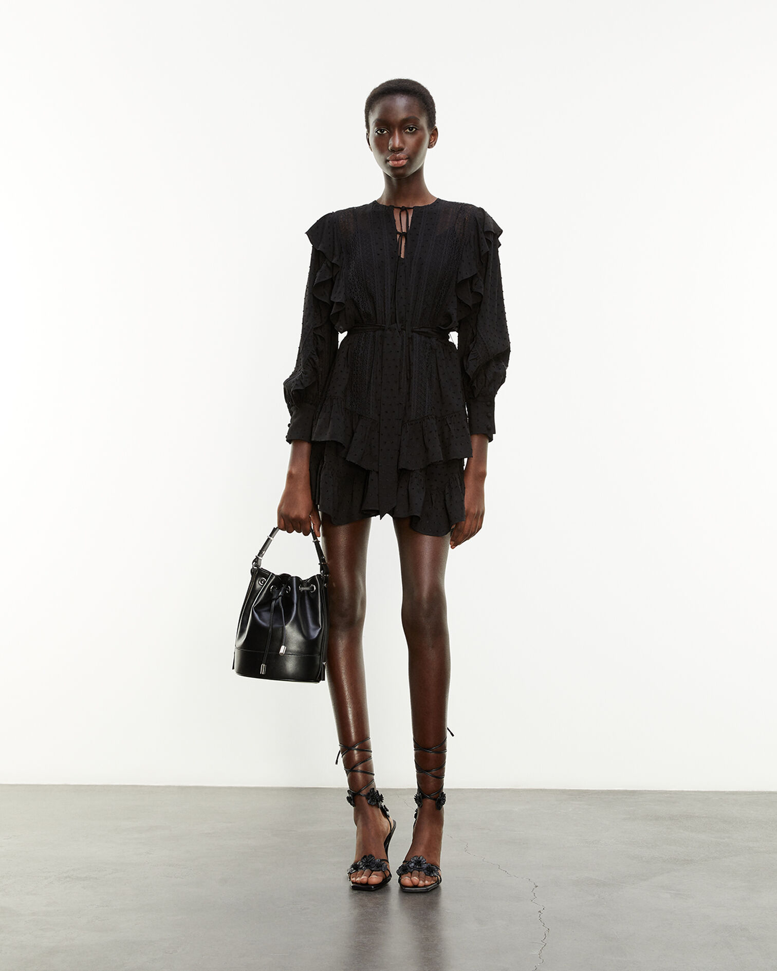 Long-sleeved black dress with flounce, BLACK, hi-res image number null