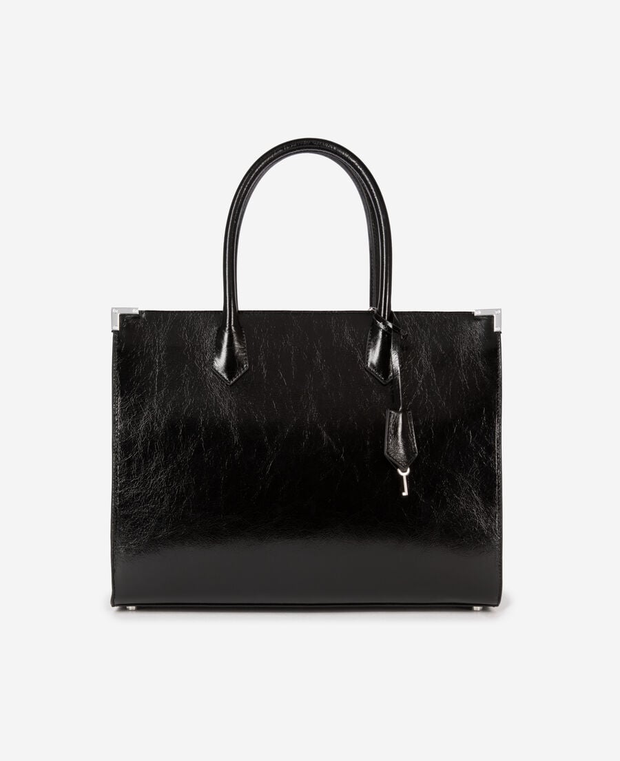 The Kooples FEMME BLACK sac cabas ming l en cuir craquel&eacute; noir
