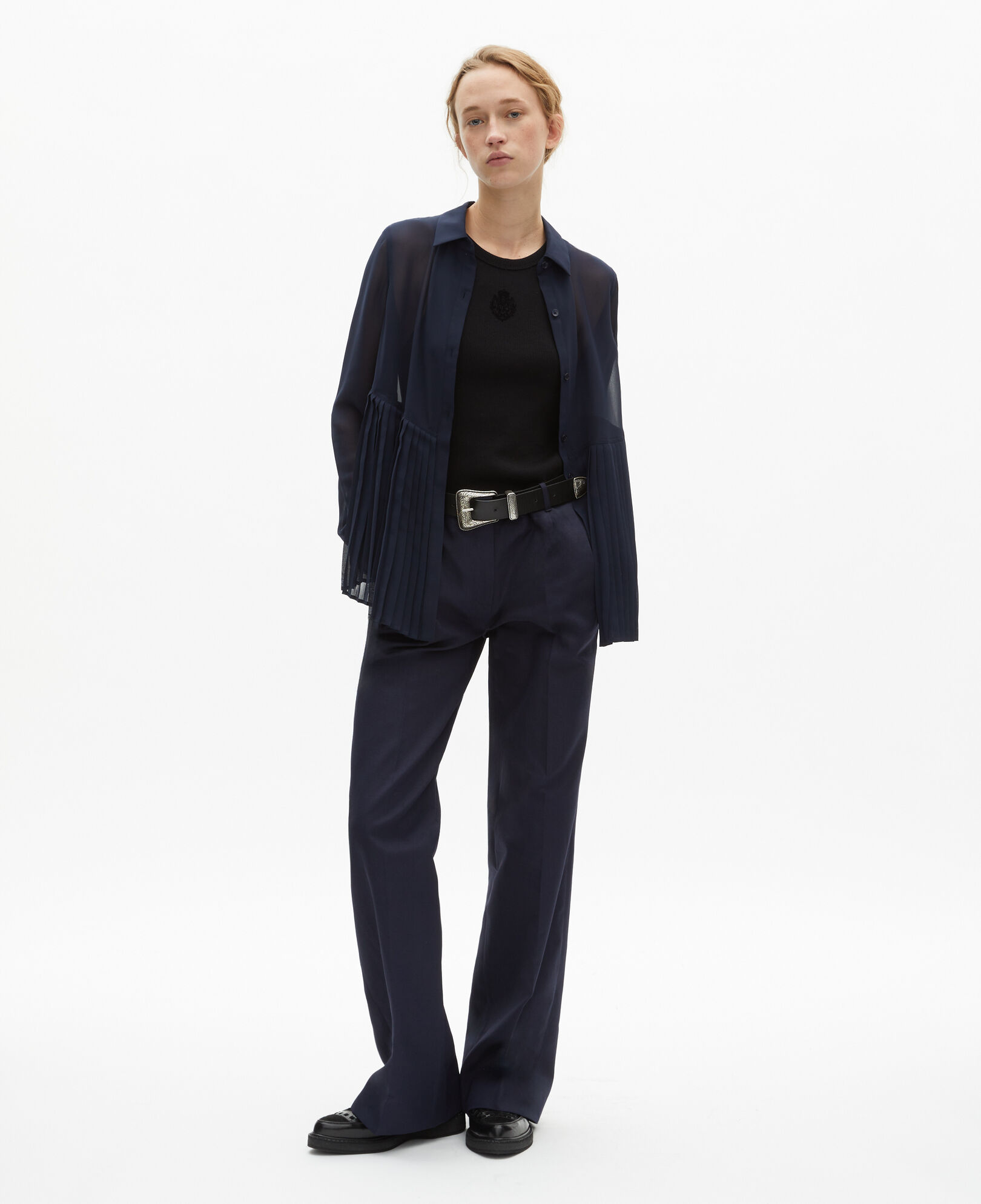 The Kooples WOMEN NAVY navy blue pleated shirt