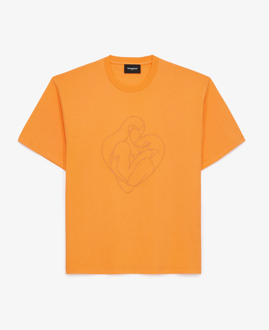 orange cotton t-shirt with tone-on-tone embroidery