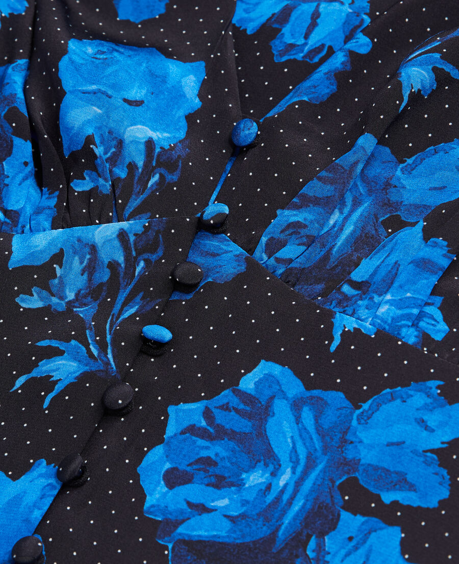The Kooples WOMEN BLACK BLUE long printed silk dress with buttoning