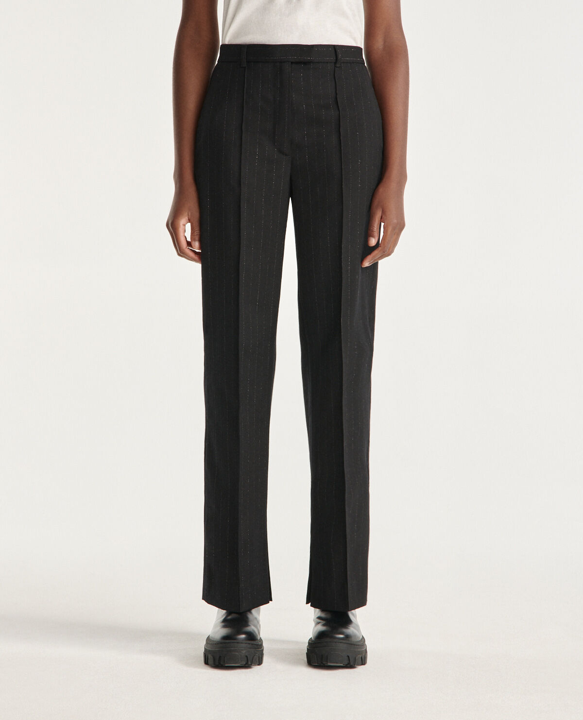 Black wool straight pants with silver stripes The Kooples