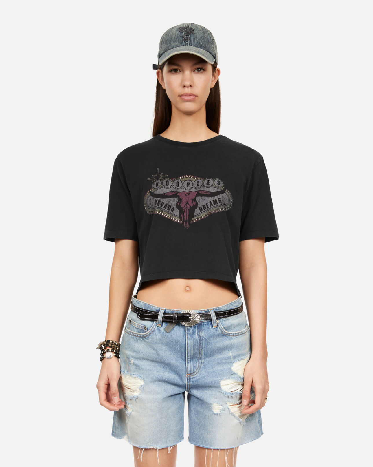 The Kooples WOMEN BLACK WASHED black t-shirt with nevada dreams serigraphy