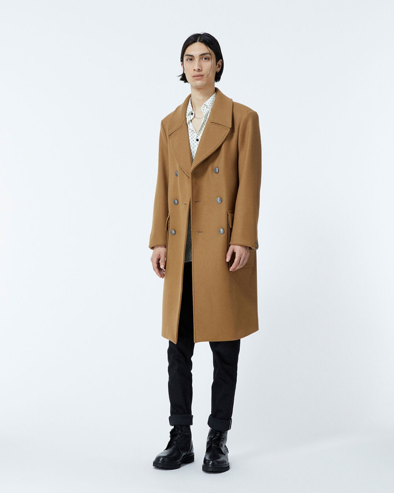 The Kooples MEN CAMEL double-breasted camel-colored coat in wool