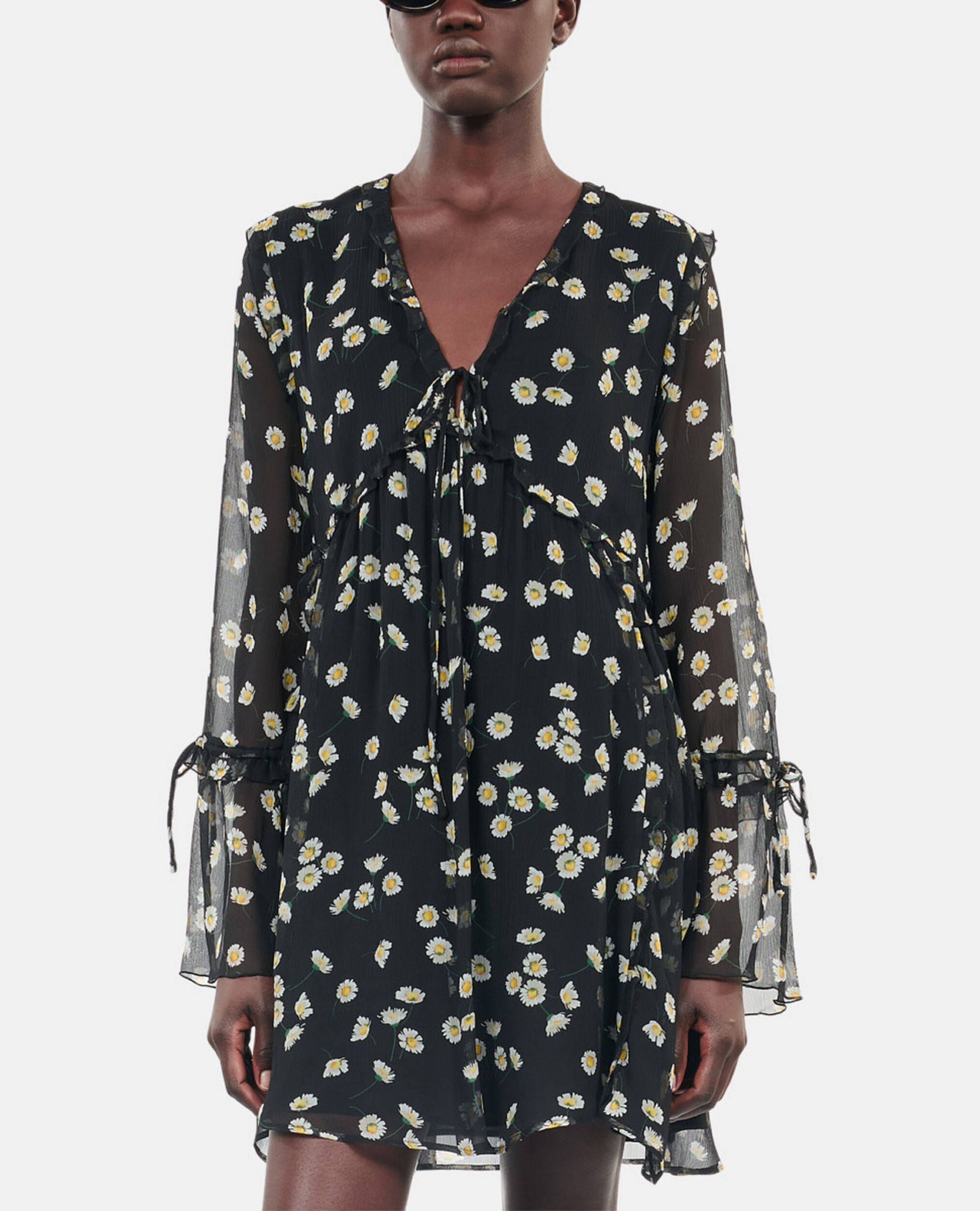 Floral printed silk short dress, BLACK WHITE, hi-res image number null