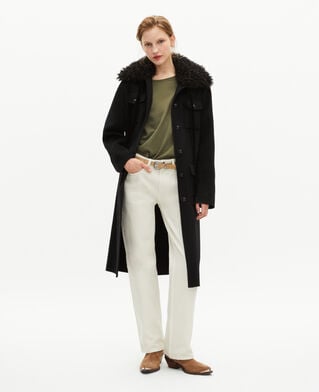 The Kooples WOMEN BLACK long double-faced coat with black sherpa collar