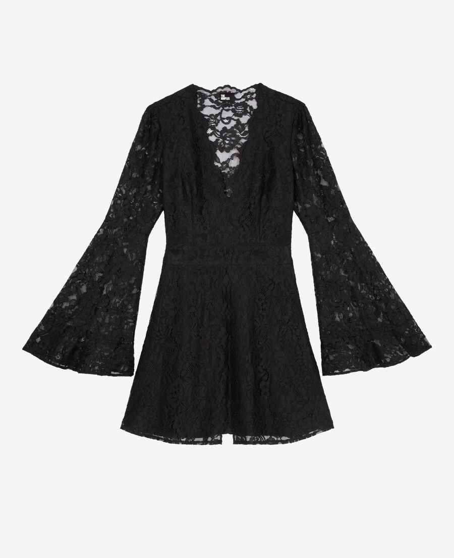 The Kooples FEMME BLACK robe courte &agrave; manches &eacute;vas&eacute;es en dentelle noire
