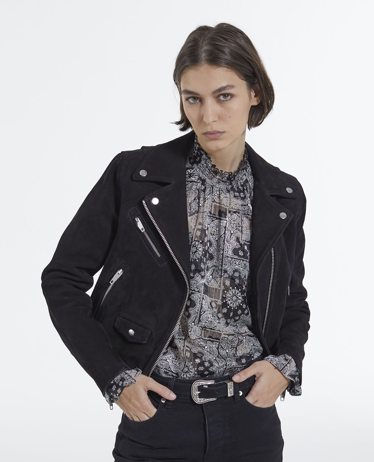 Suede leather zipped noir biker jacket