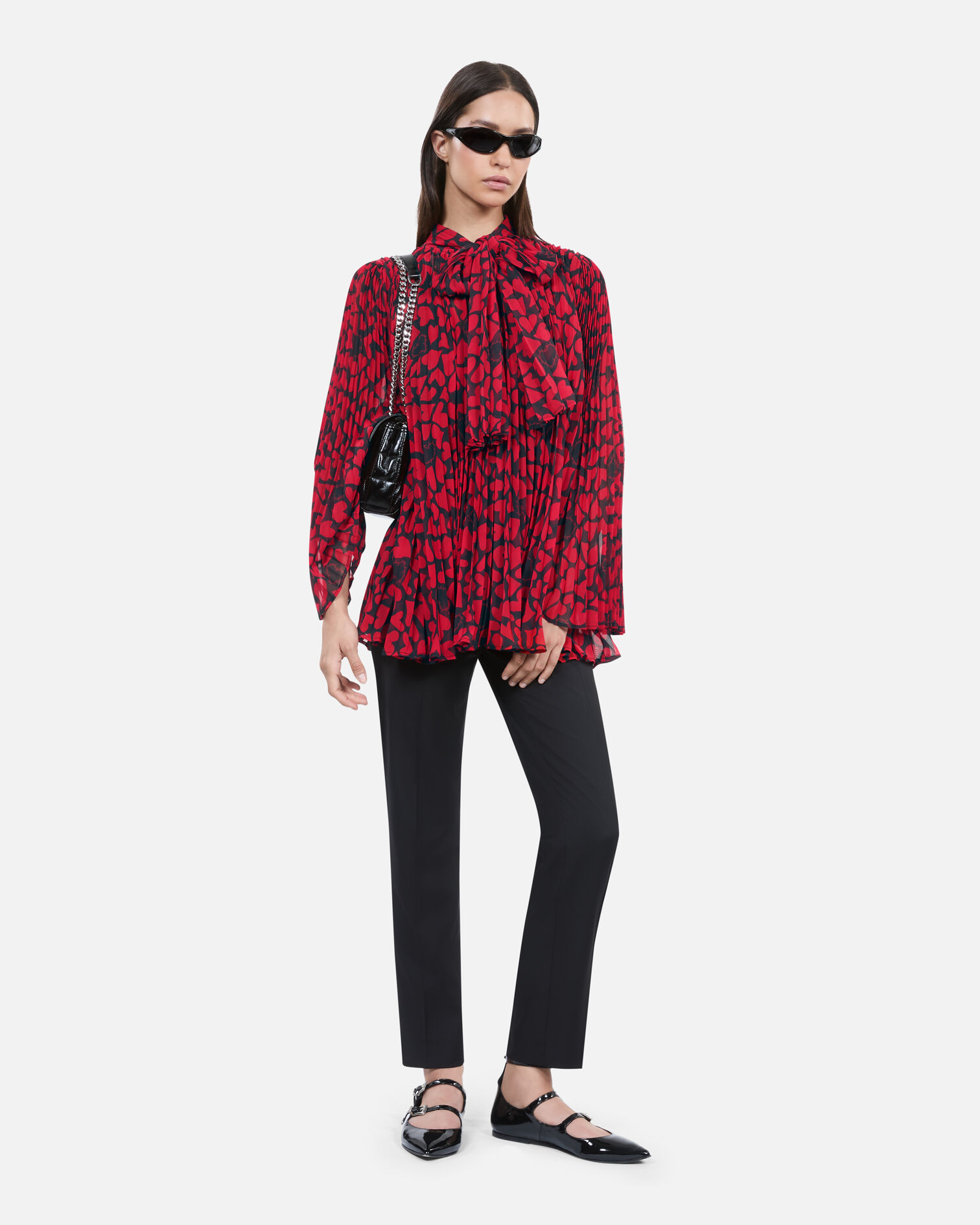Heart print pleated top, BLACK - RED, hi-res image number null