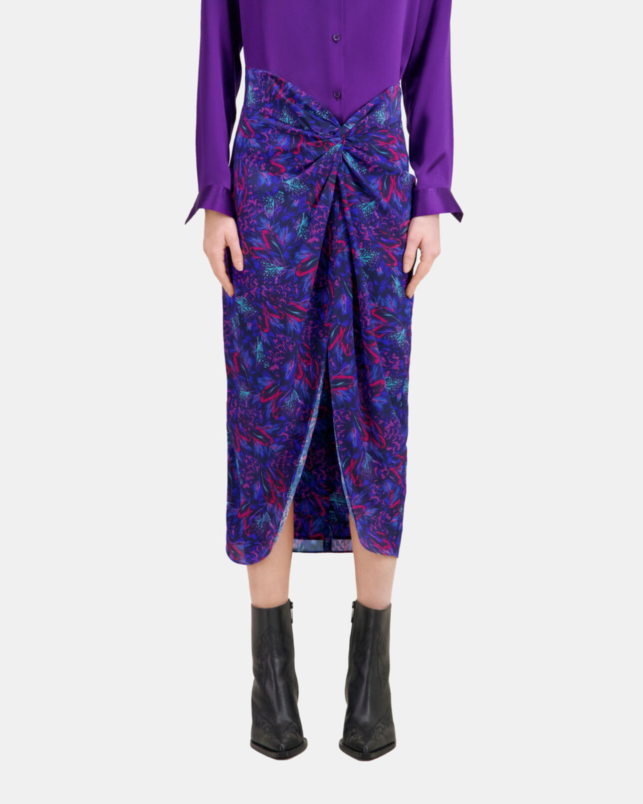 The Kooples WOMEN BLUE RED blue feather print midi skirt with twist