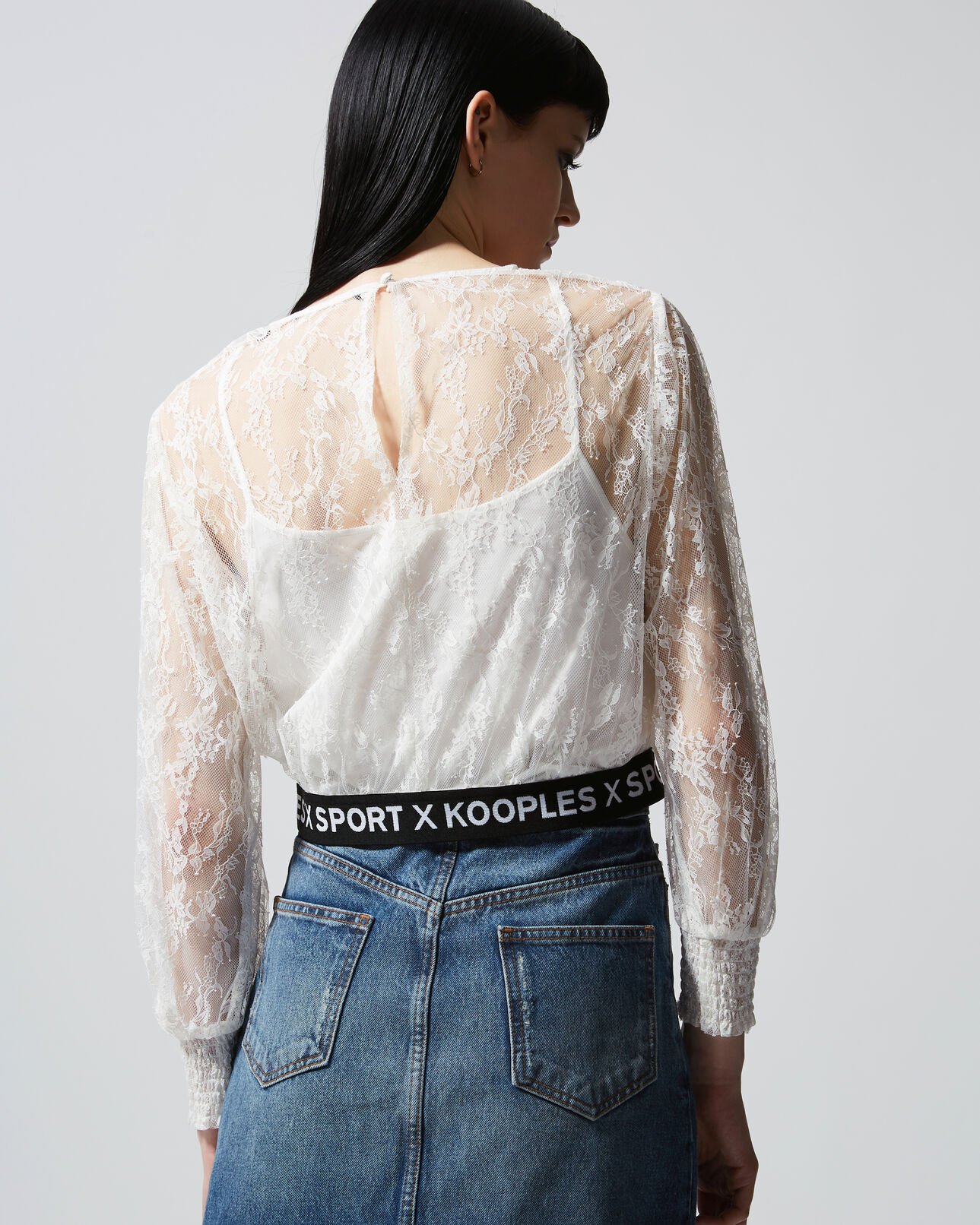The Kooples WOMEN ECRU ecru lace top with long sleeves and logo