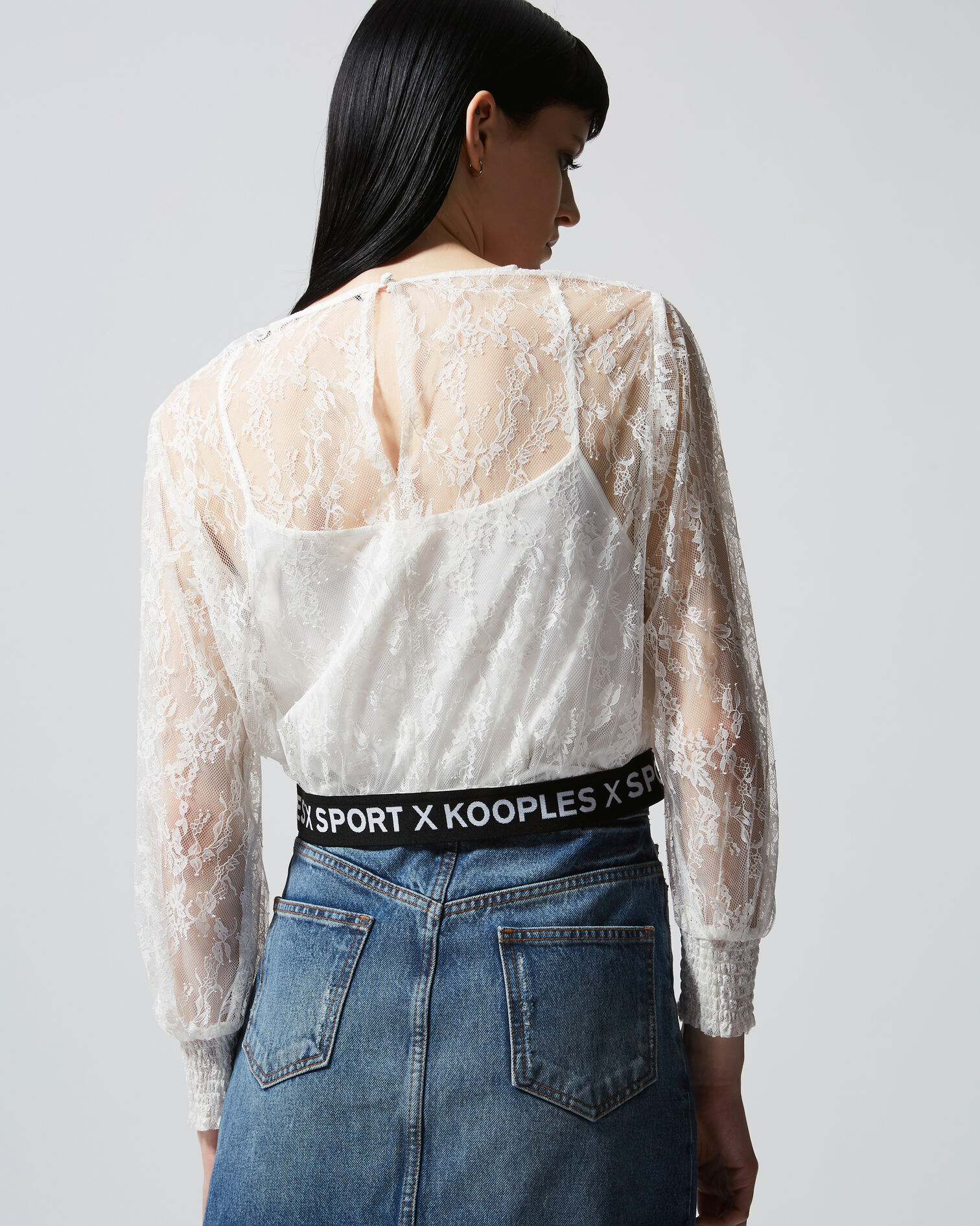 Ecru lace top with long sleeves and logo, ECRU, hi-res image number null