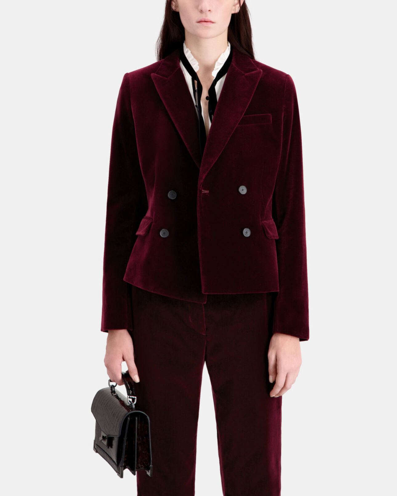 The Kooples FEMME BURGUNDY veste tailleur bordeaux courte en velours